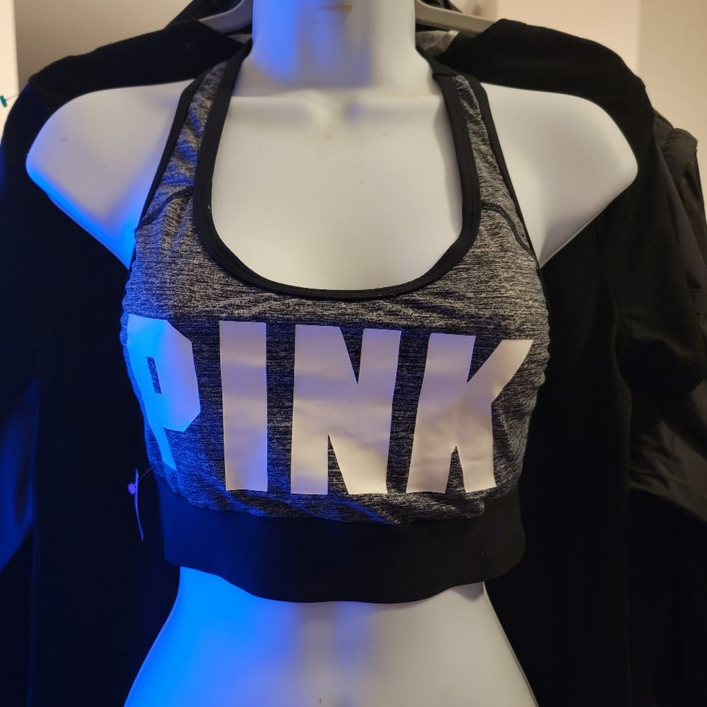 Victoria’s Secret PINK Sports Bra Med Gray Black Racerback Athletic Workout Bra